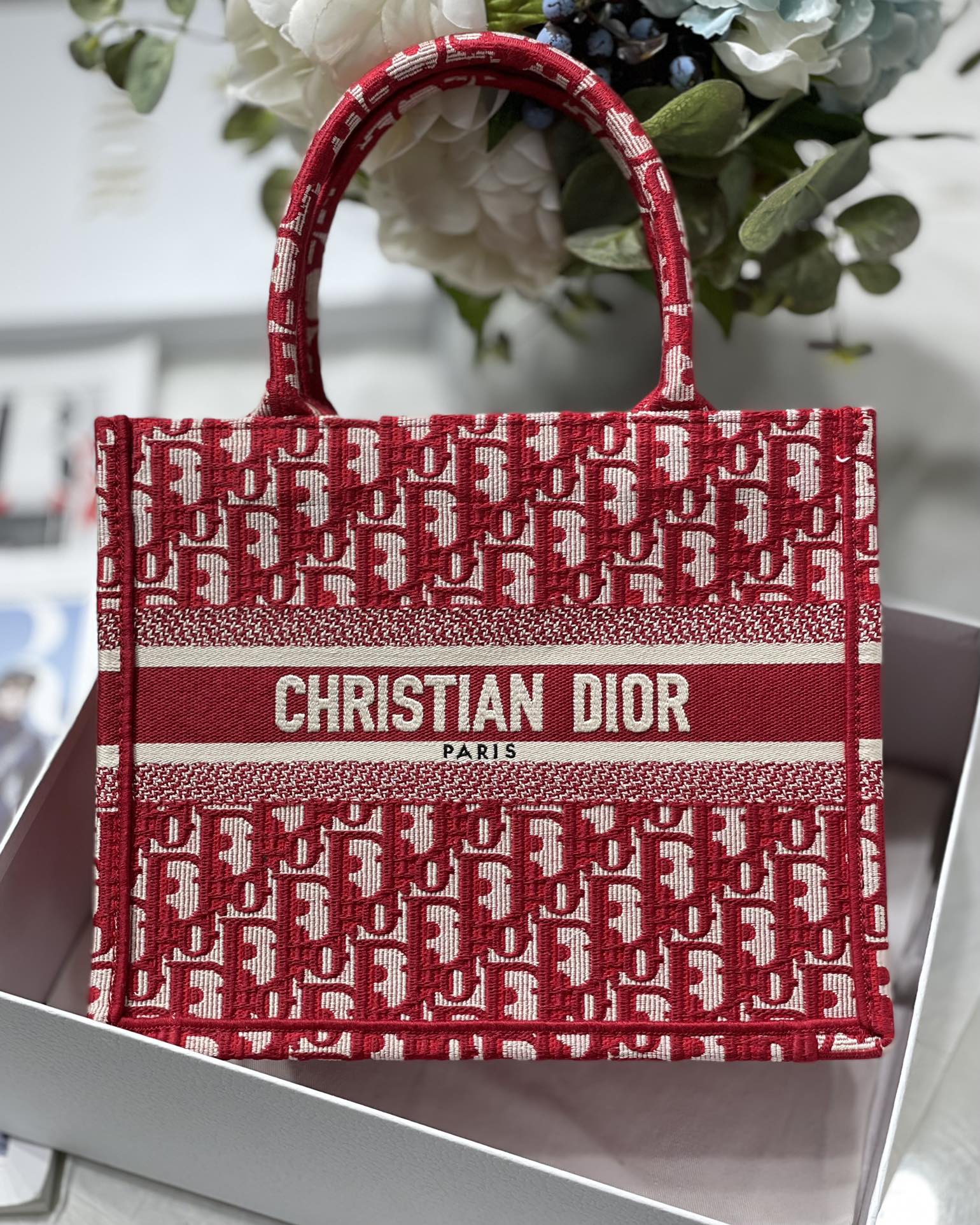 Small Dior Book Tote Bag Ecru and Red Dior Oblique Embroidery